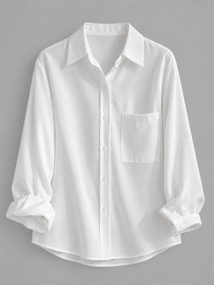 white button-up shirt with hip-length and button-front