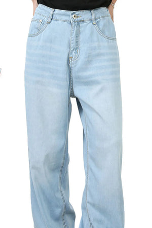 Light wash denim jeans with a relaxed wide-leg fit and classic five-pocket styling.