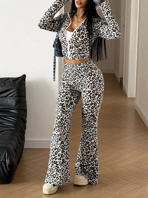 black two-piece set featuring zipper and leopard-print