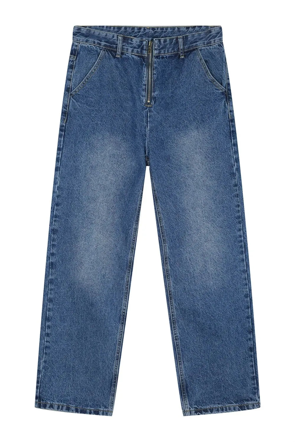 Zip-front relaxed fit denim trousers in medium wash, featuring a straight leg and casual style.
