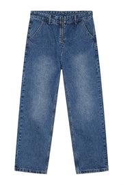 Zip-front relaxed fit denim trousers in medium wash, featuring a straight leg and casual style.
