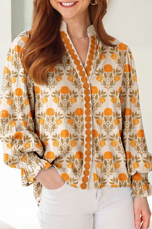 Sherbet Floral Print V Neck Long Sleeve Top