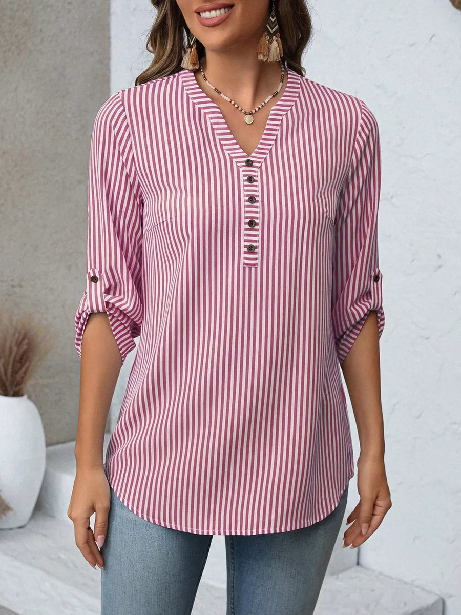 Red Stripe V-neck blouse with roll-up sleeves and button detail.