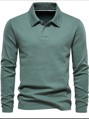Sage long sleeve polo shirt with collar detail and embroidered logo