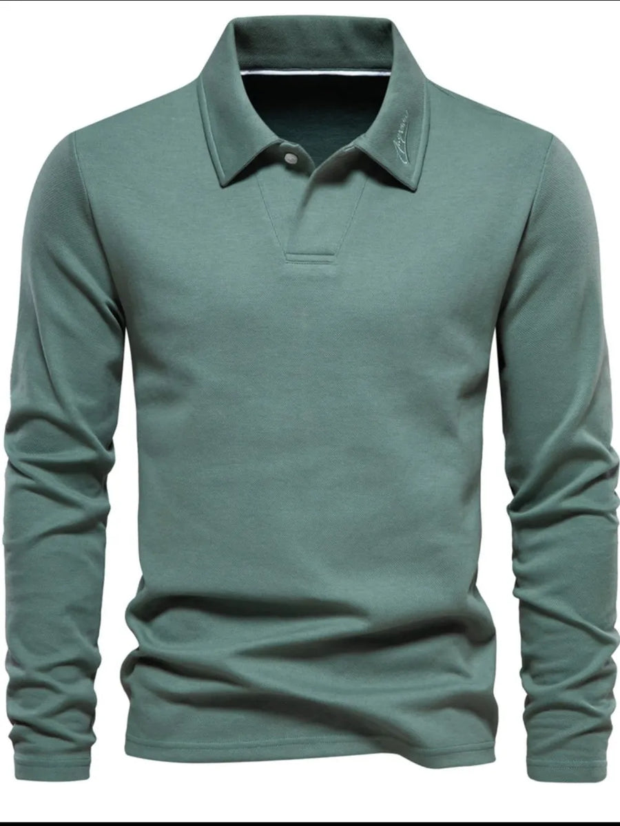 Sage long sleeve polo shirt with collar detail and embroidered logo