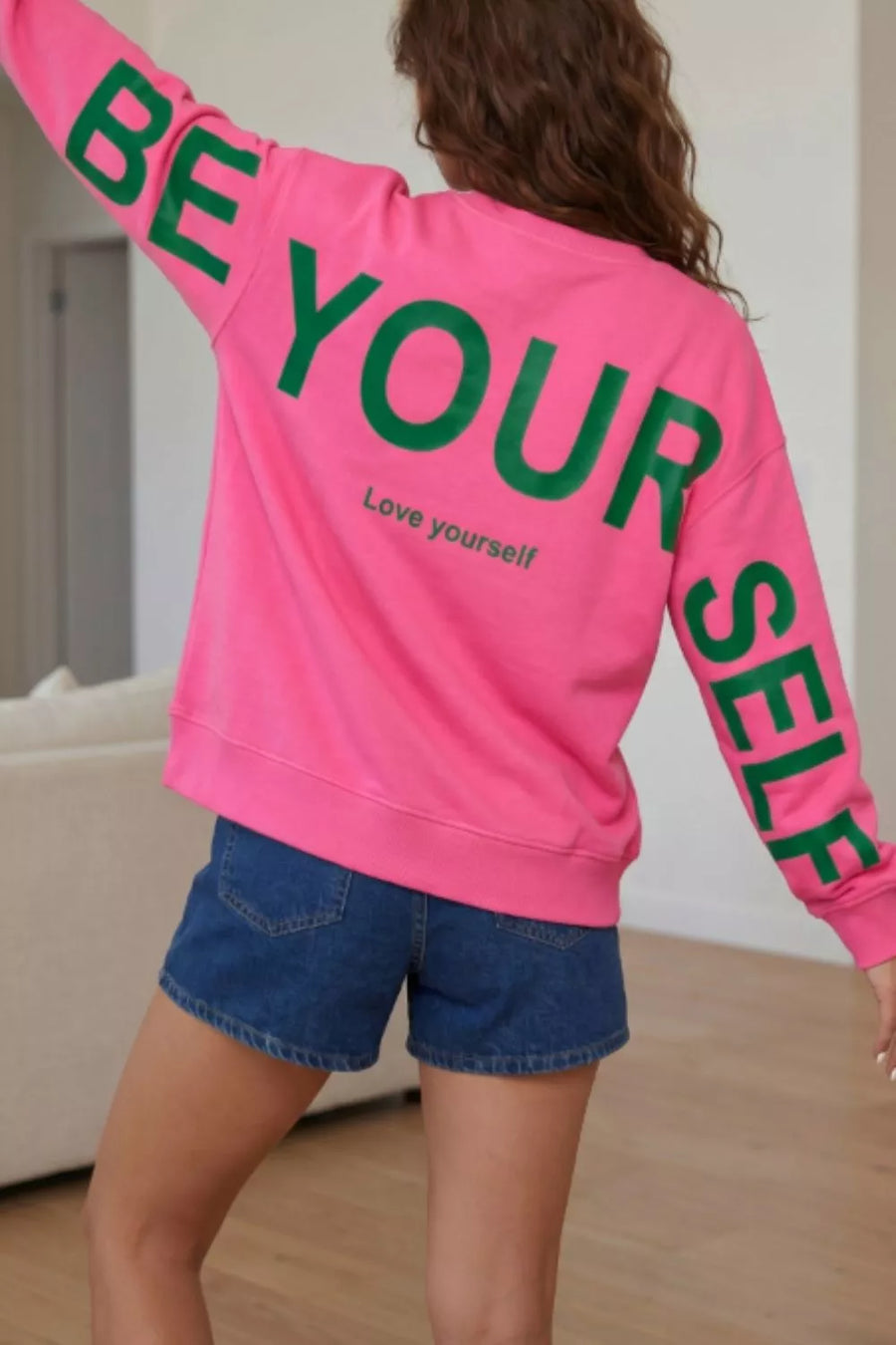 Slogan Print Round Neck Long Sleeve Sweatshirt in Hot Pink