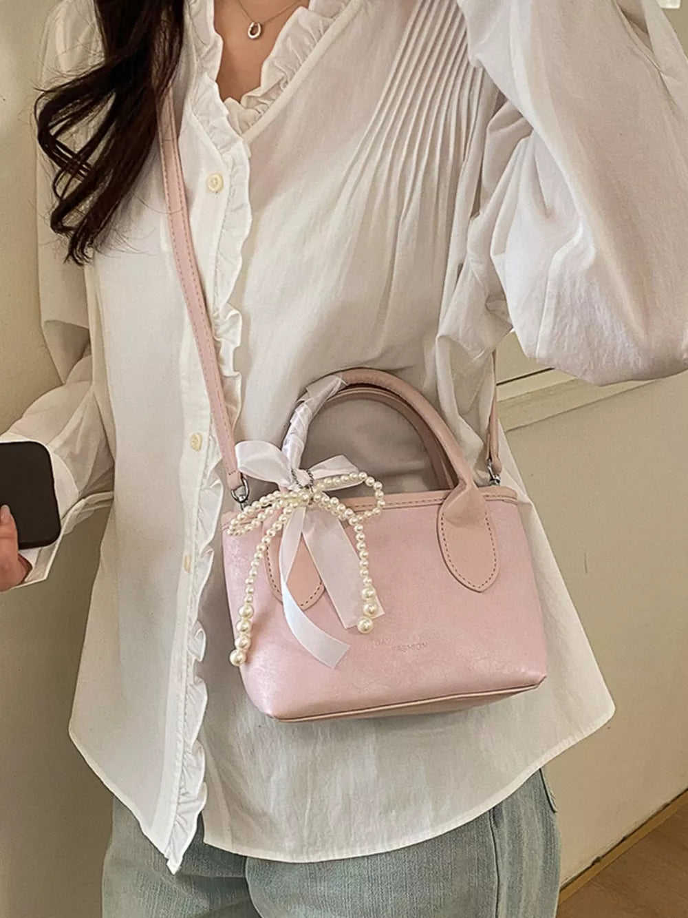Blush Pink Pearl Bow Charm Crossbody Bag