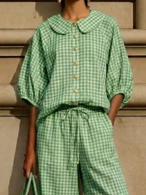 Full Size Plaid Button Up Shirt And Pants Set Plus Size in Khaki