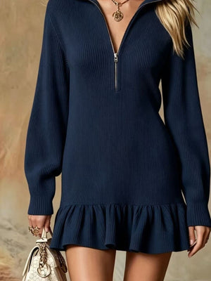 Ruffle Hem Half Zip Dress in Burgundy
