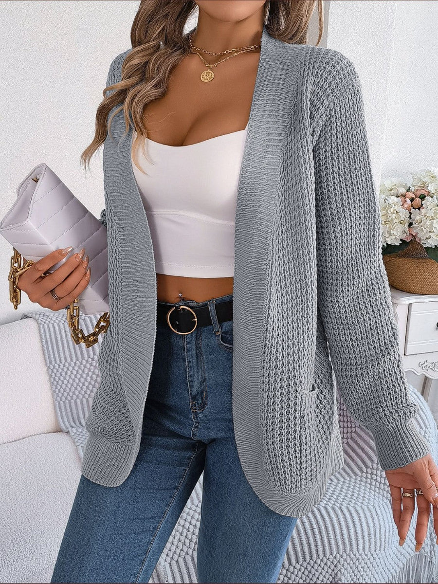 Textured knit open-front cocoon cardigan in charcoal with pockets and a relaxed fit.