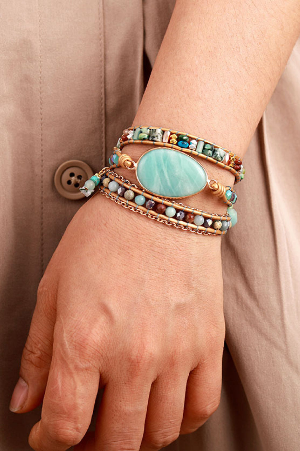 Aqua amazonite and beaded wrap bracelet with gold chain details.