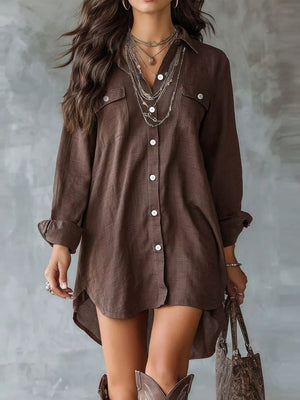 Brown shirt dress with mini and button-front