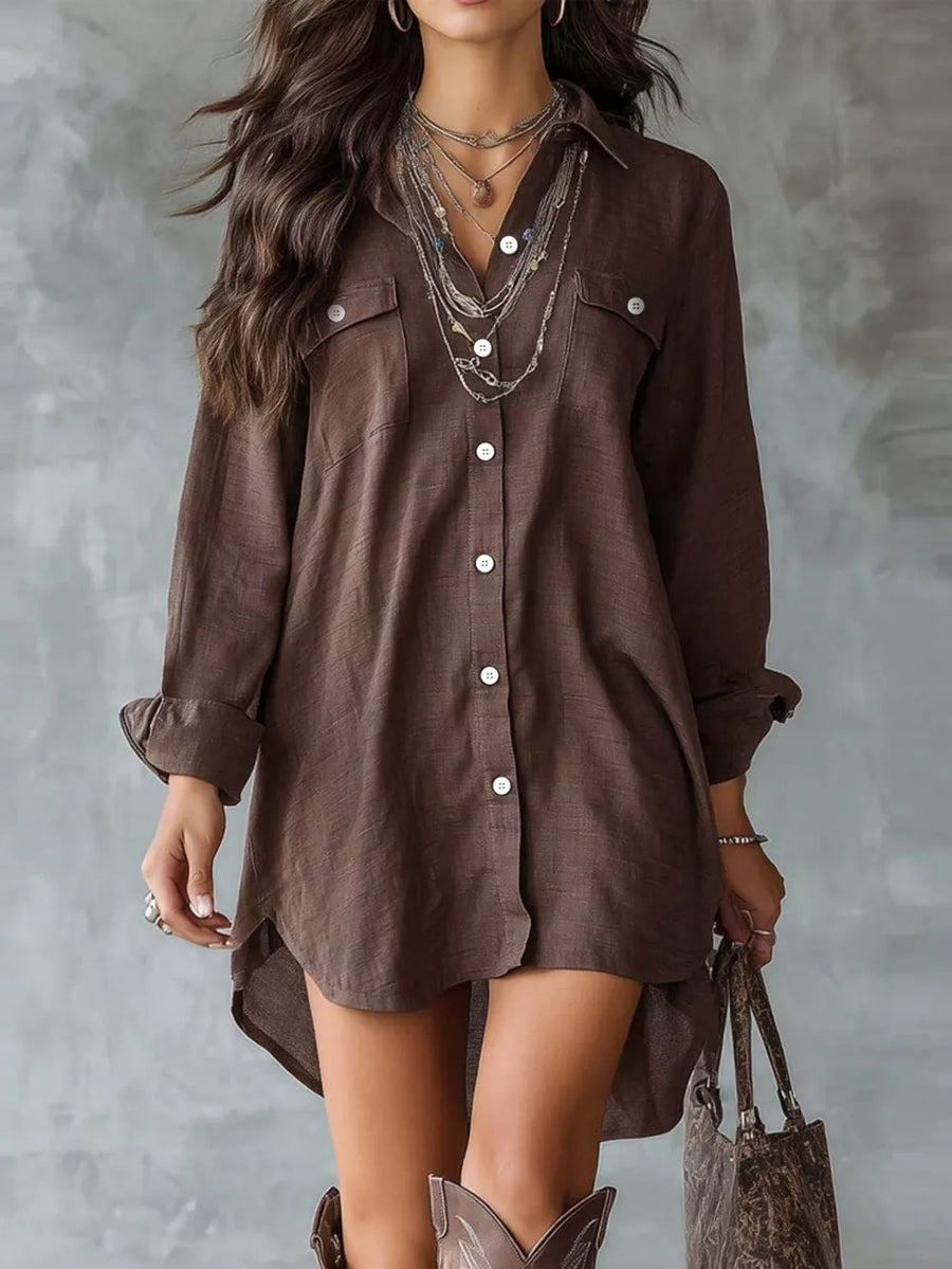 Brown shirt dress with mini and button-front