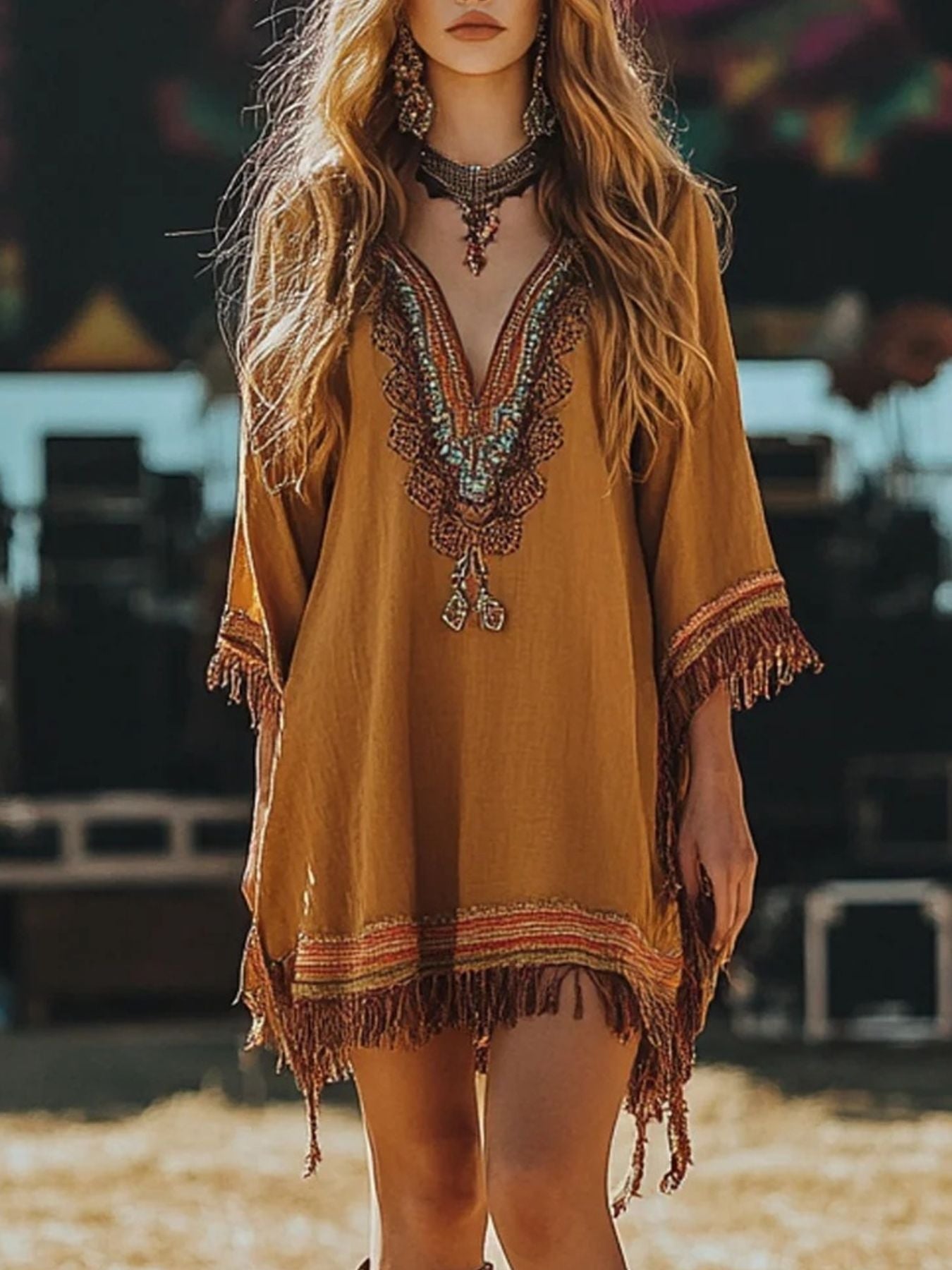 Embroidered bohemian mini dress in mustard yellow with fringed hem and sleeves, featuring a deep V-neckline with colorful