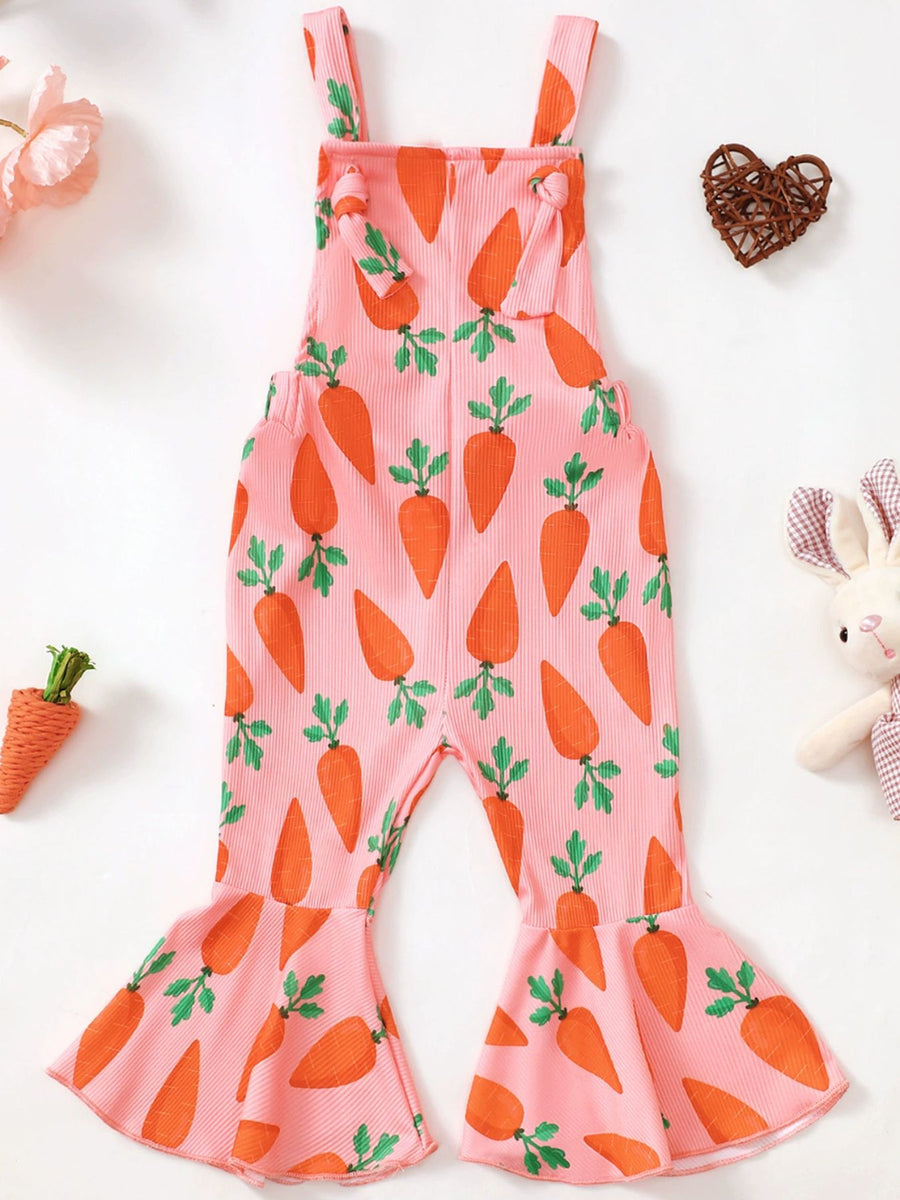 Pink ribbed overalls with carrot print and flared legs.