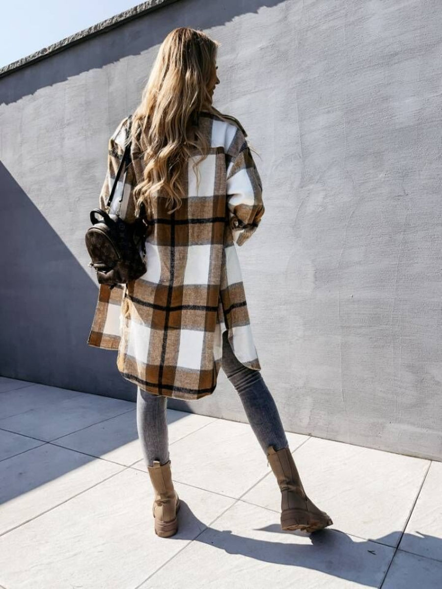 Checkered collar shirt jacket in camel, white, and black plaid.