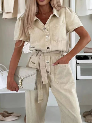 Milky White jumpsuit with belted and short sleeve