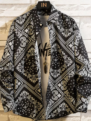 Men's Plus Size Printed Button Up Shirt in White