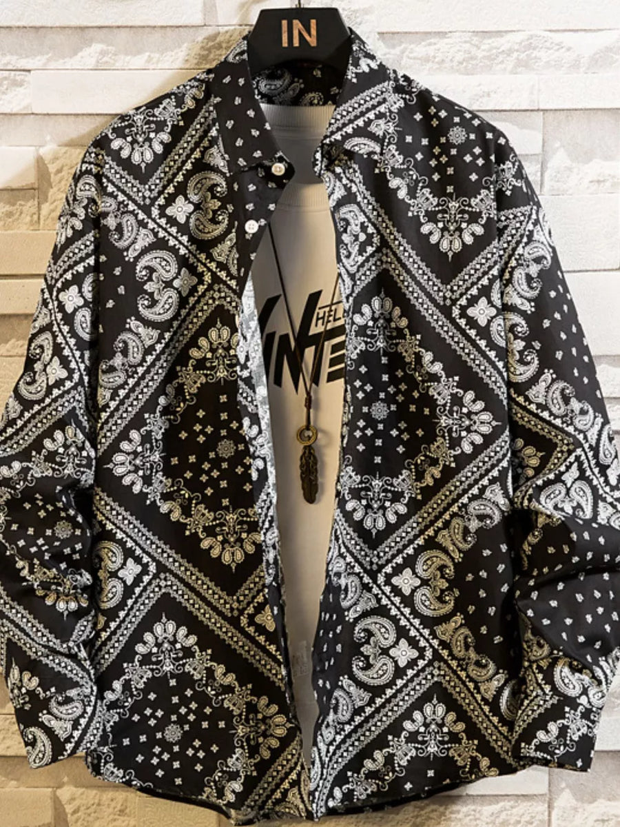 Men's Plus Size Printed Button Up Shirt in White