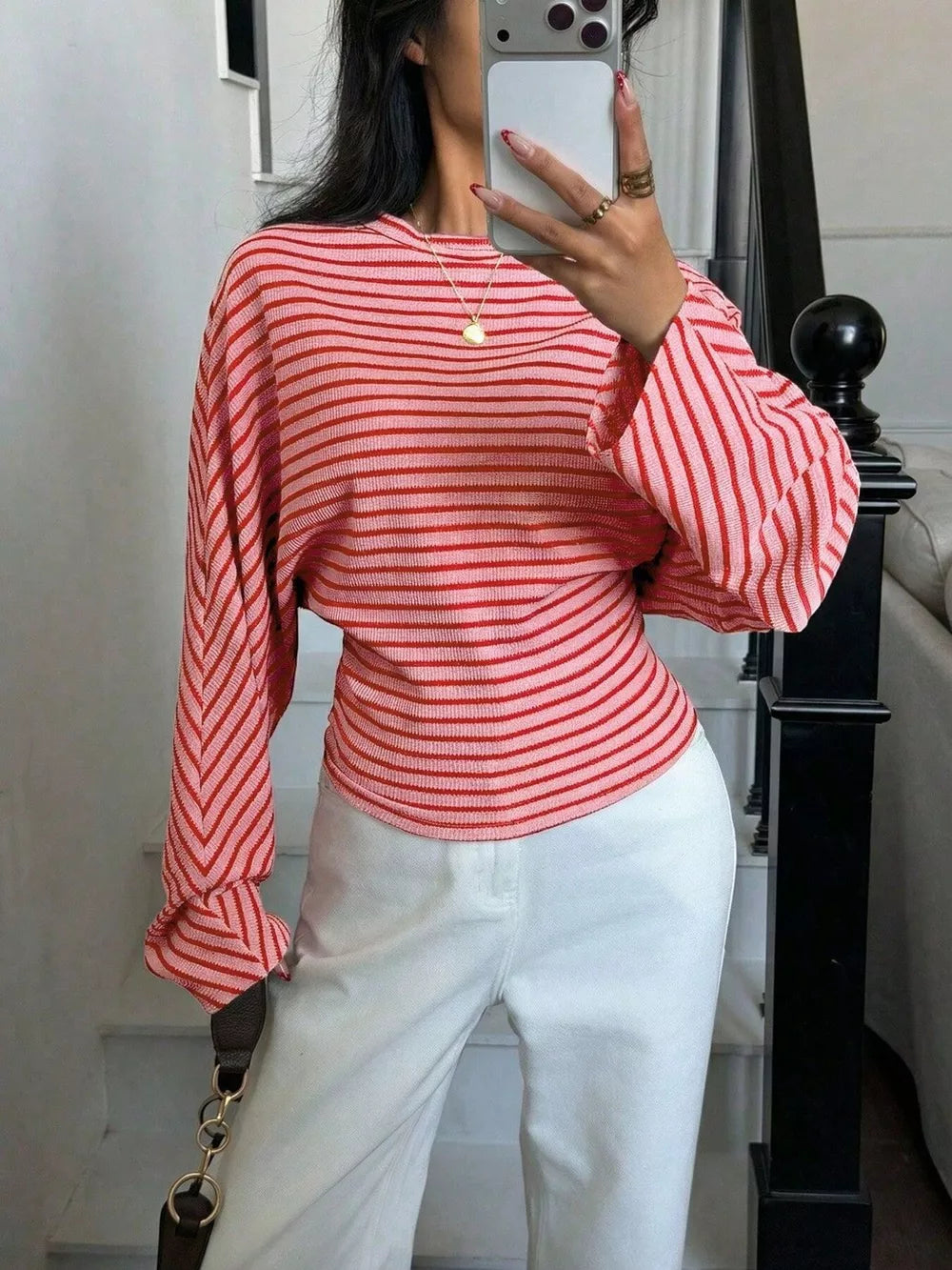 Casual Striped Batwing Sleeve T-shirt in Brown-spot