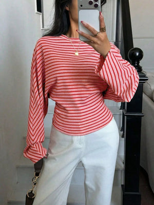 Casual Striped Batwing Sleeve T-shirt in Brown-spot