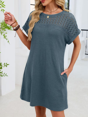 Sheer lace yoke t-shirt dress in French Blue with short sleeves and pockets.