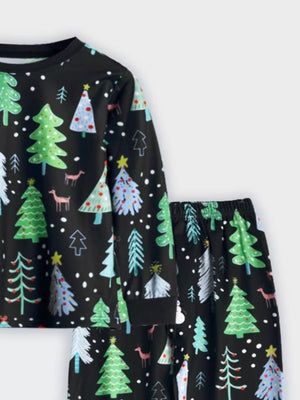 Black Christmas tree print pajama set with long sleeves and pants.