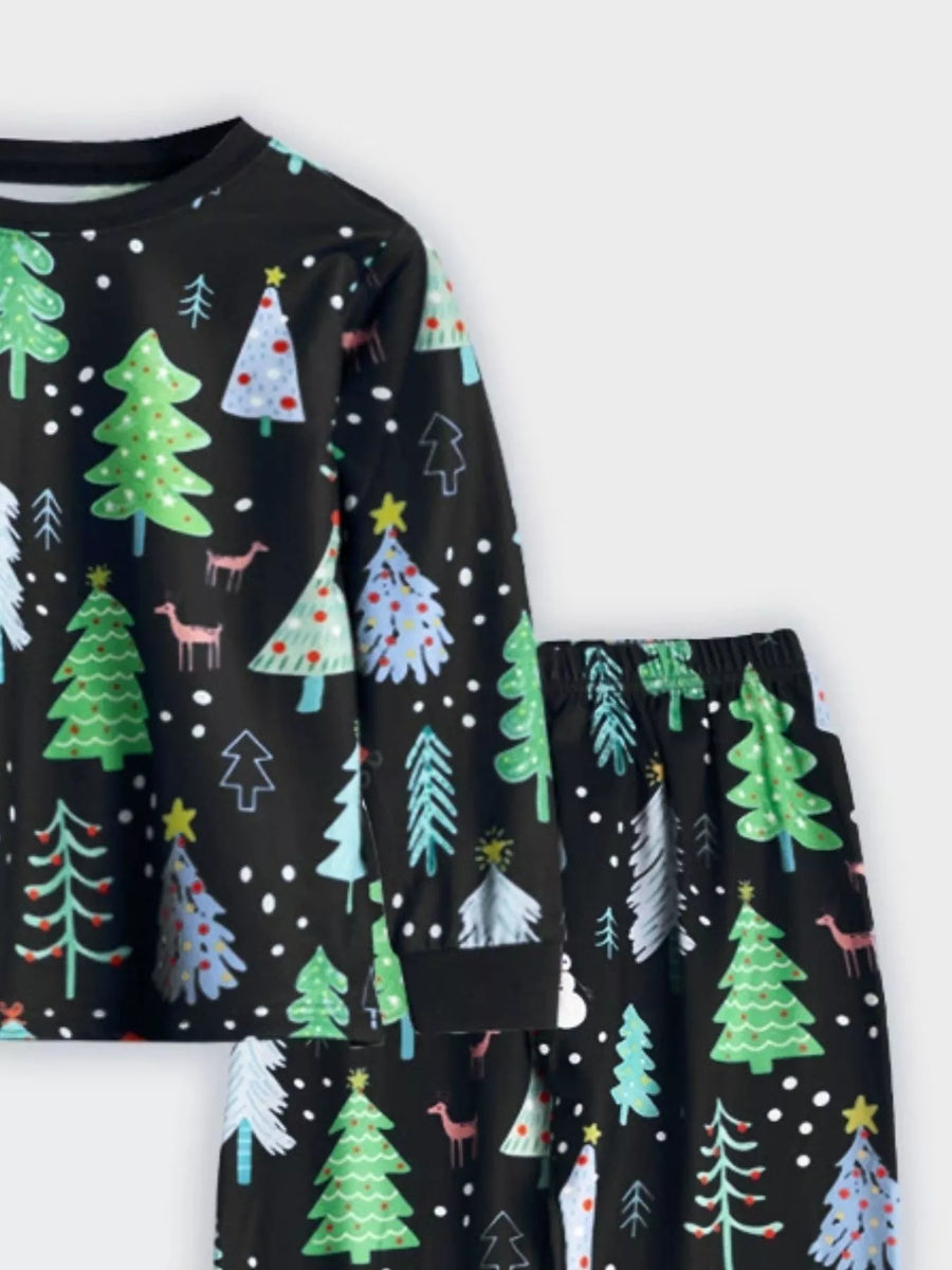 Black Christmas tree print pajama set with long sleeves and pants.