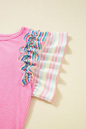 Pink ribbed knit top with pastel stripe ruffled sleeves