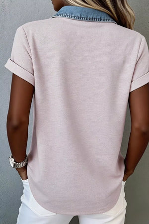 Blush pink overshirt with cuffed short sleeves and a denim collar.
