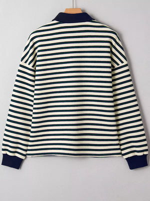 Navy striped long sleeve top with contrast collar and cuffs