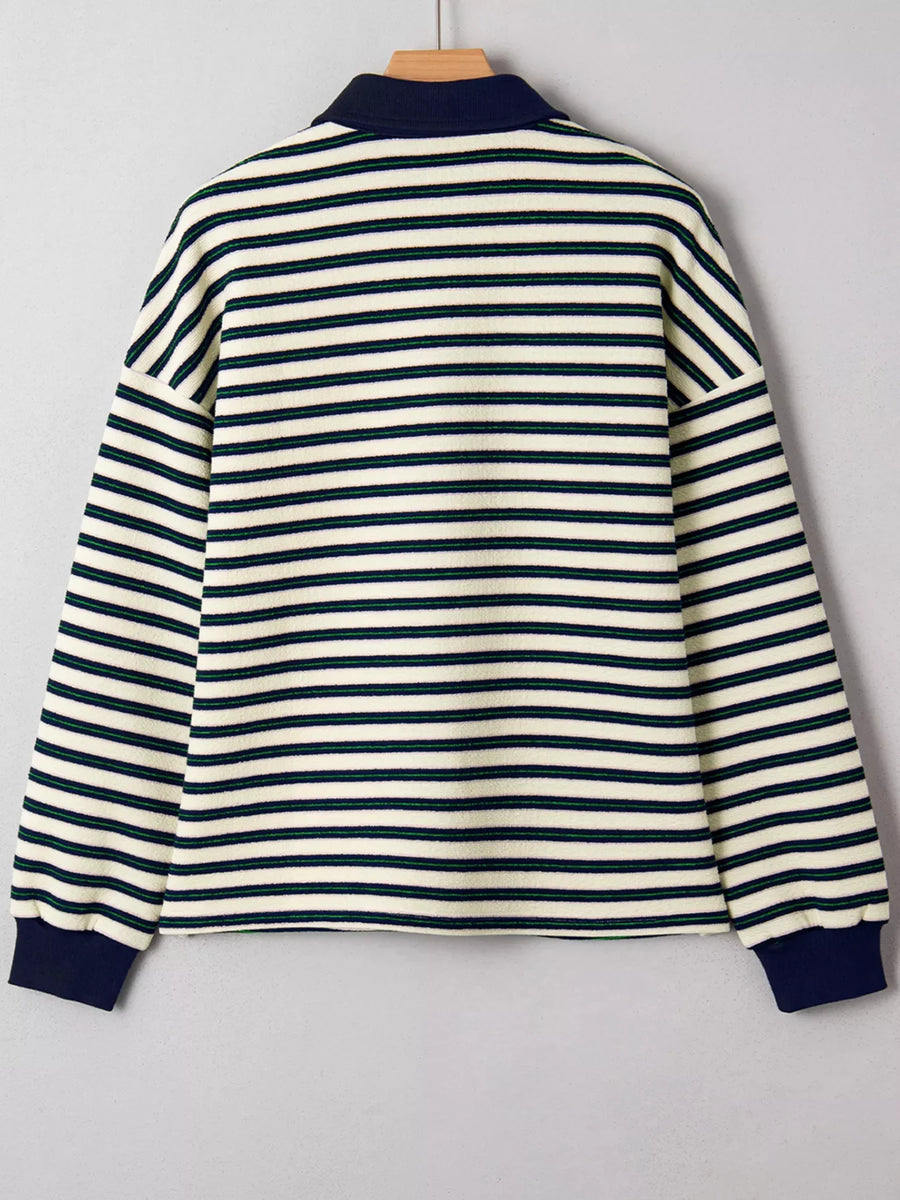 Navy striped long sleeve top with contrast collar and cuffs