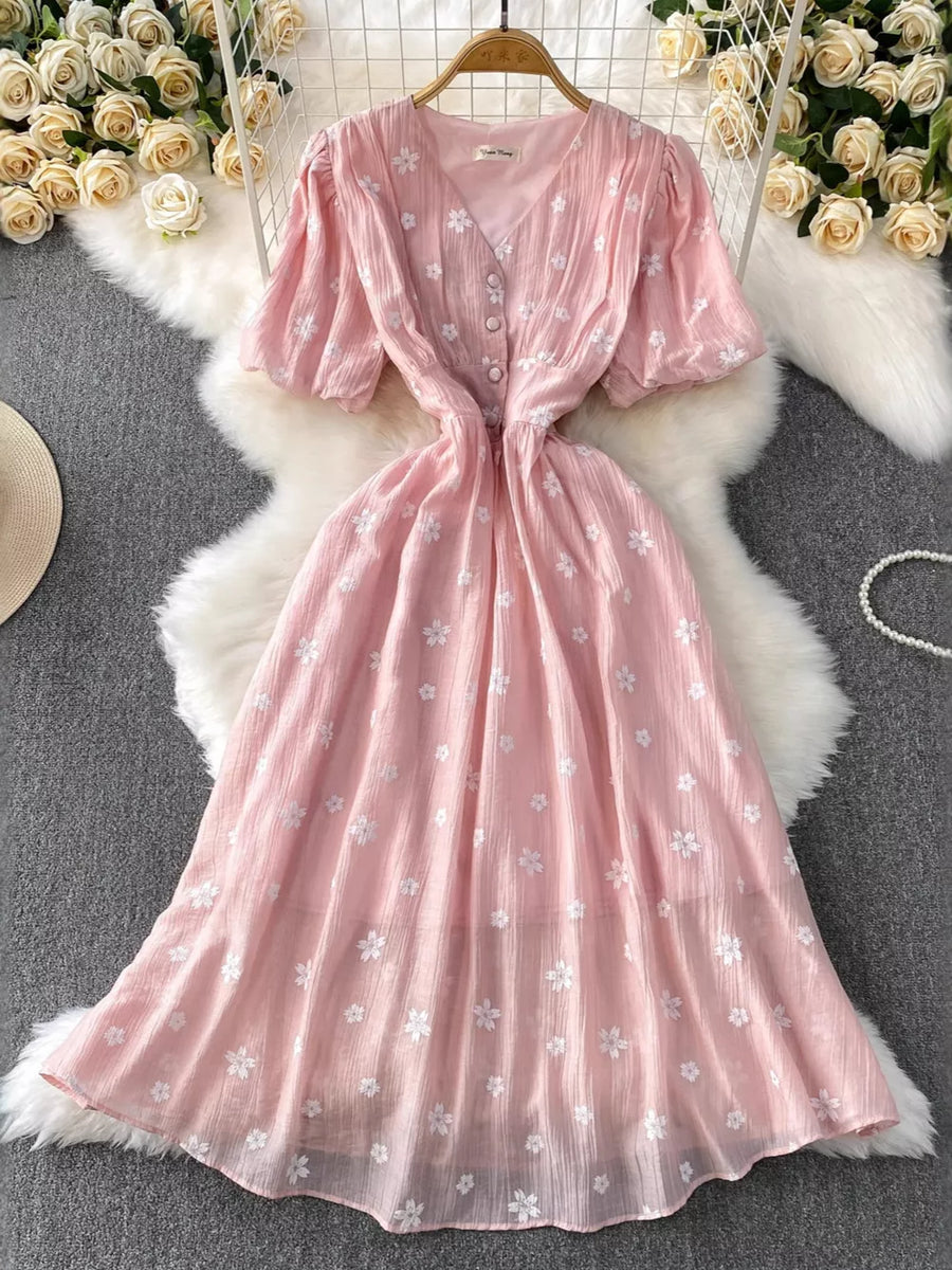Dusty Pink embroidered midi dress with puff sleeves and button front