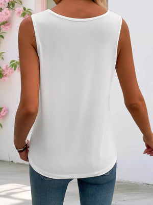 White tank top with square neckline and pintuck detail, casual fit