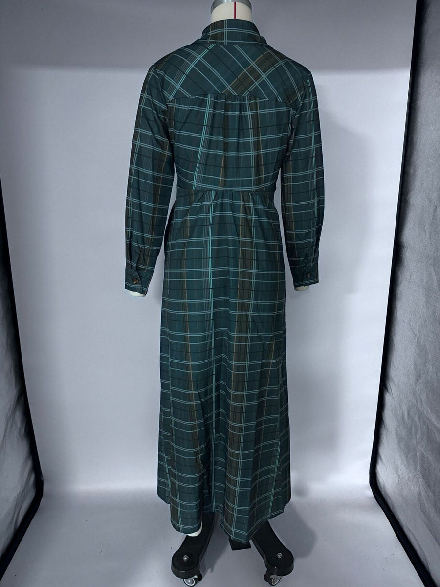 shirt dress in teal with plaid and buttoned