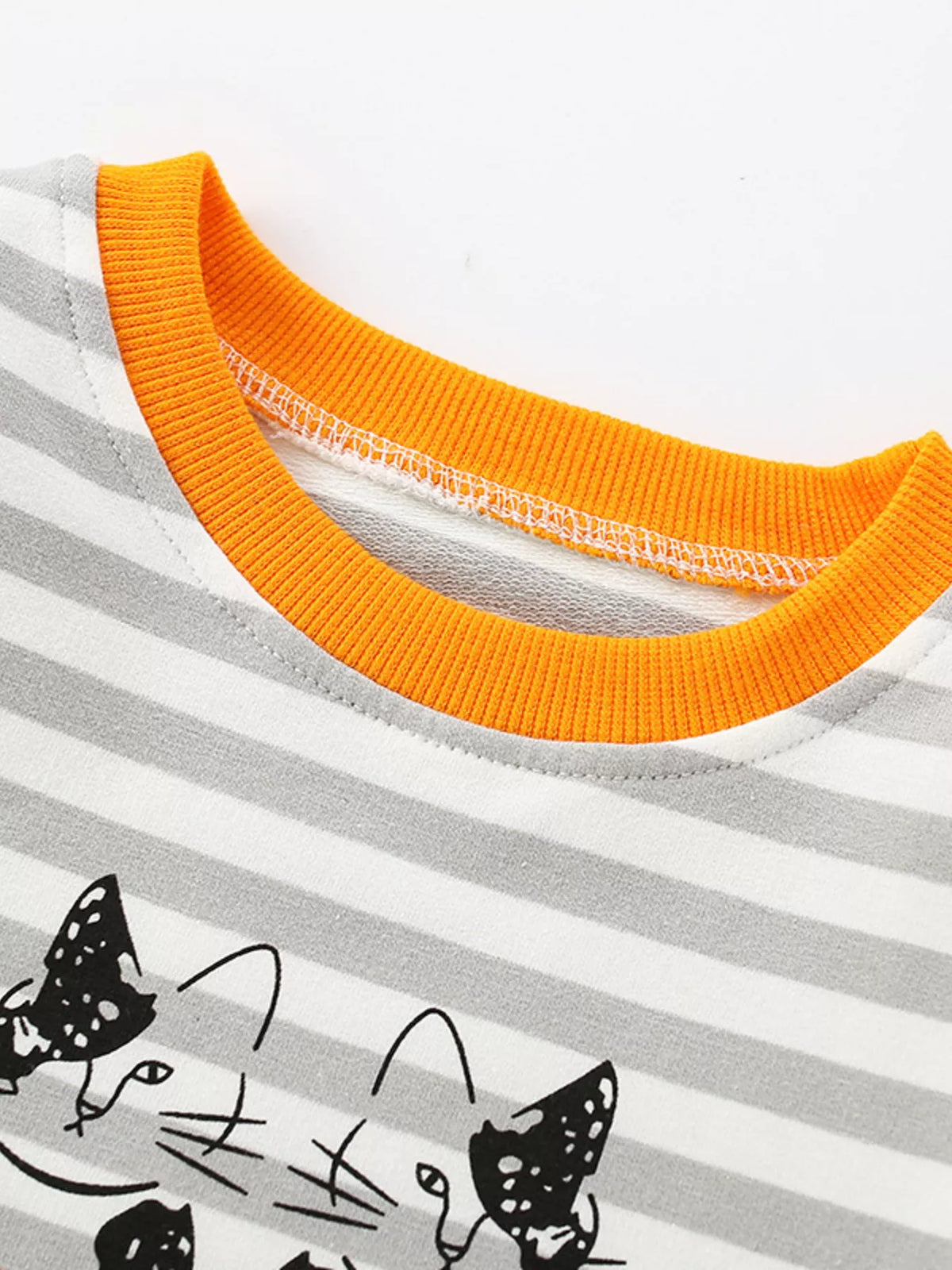 Striped cat crew-neck sweatshirt in light gray with orange trim.