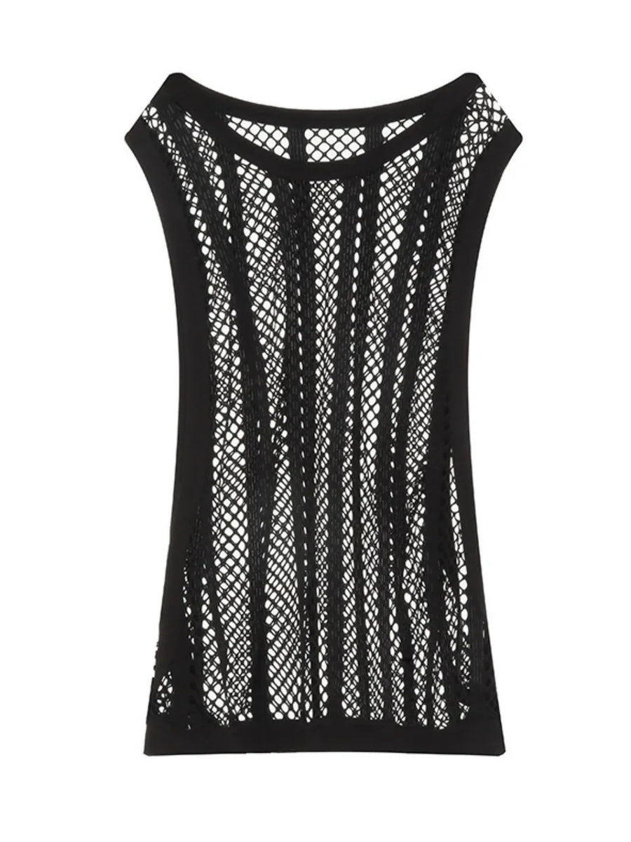 Black mesh tank top with vertical panel detail and round neckline