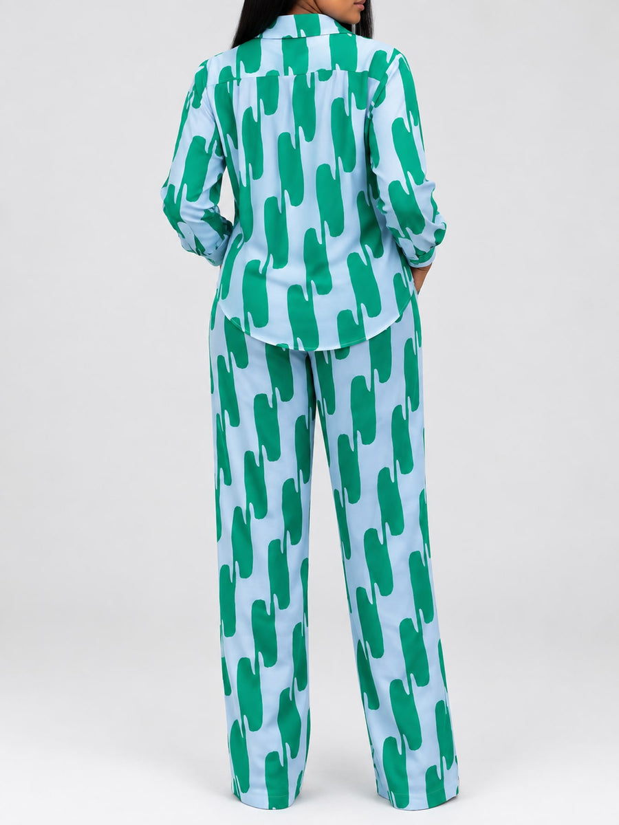 Striped Button-Down Shirt And Wide-Leg Pants Set in white with buttoned