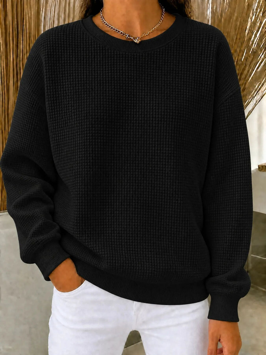 Full Size Waffle Knit Crewneck Sweatshirt Plus Size in Navy