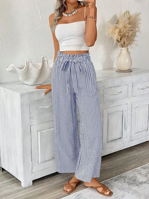 Blue striped paper bag maternity pants with tie waist and wide leg