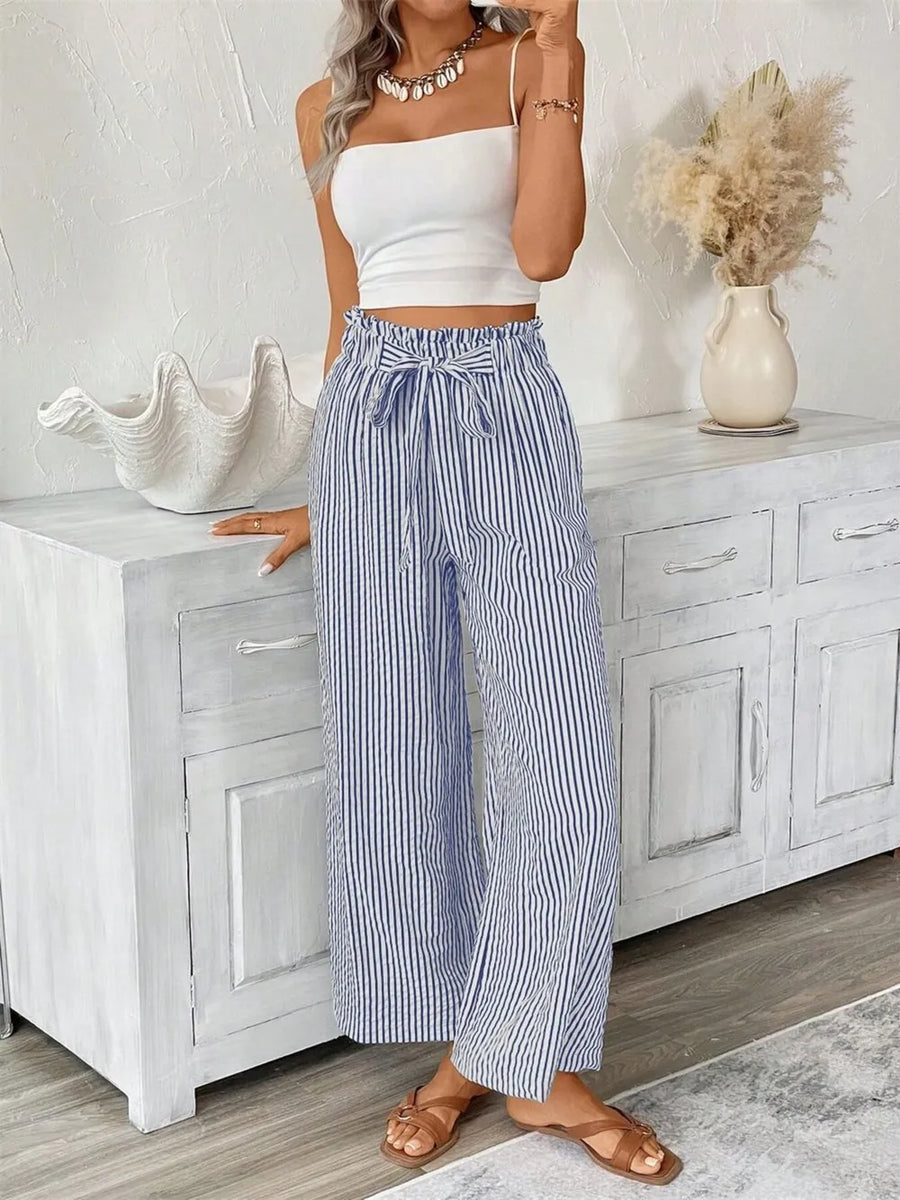 Blue striped paper bag maternity pants with tie waist and wide leg