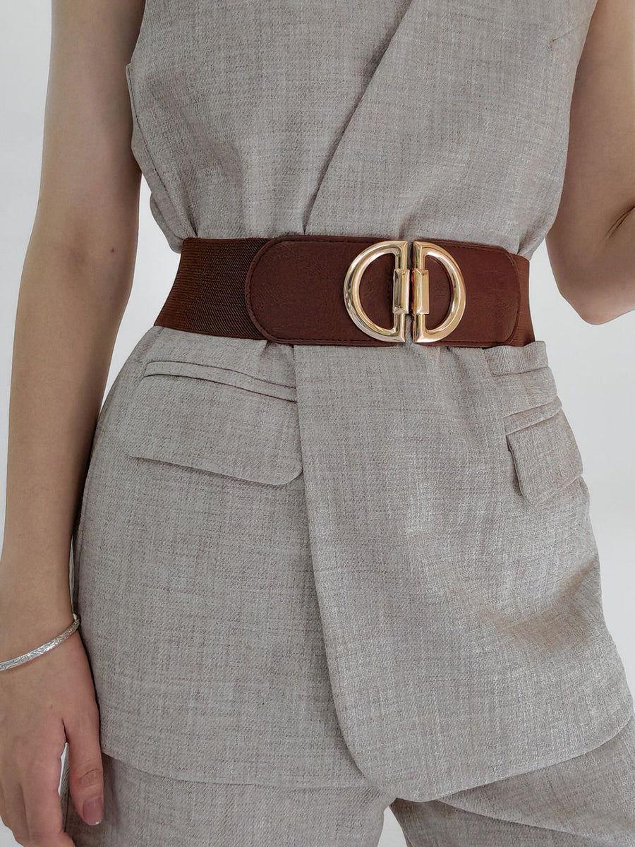 Brown elastic waist belt with double D gold buckle accessory