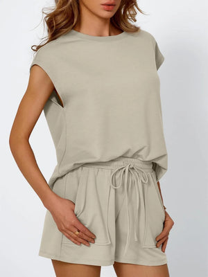 Relaxed fit drawstring shorts set in Khaki with a crew neck t-shirt and elastic waist shorts.