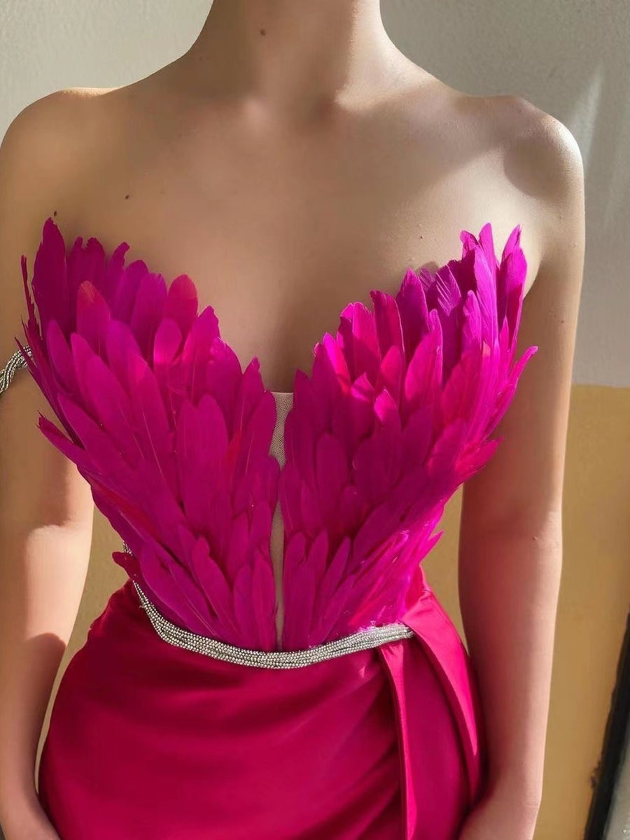 Rose Red feather embellished strapless maxi dress with draped skirt and crystal belt