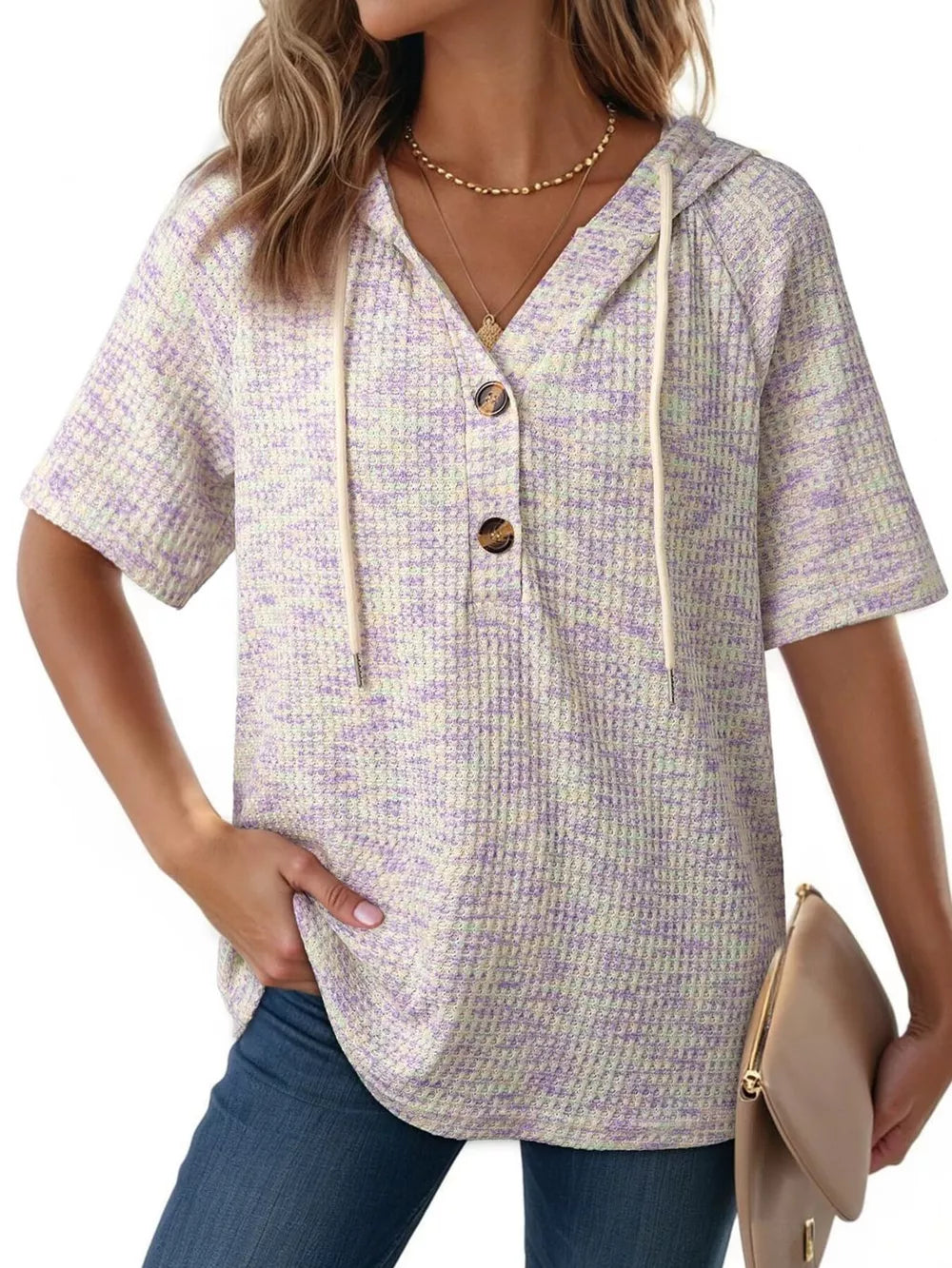 Waffle knit hooded t-shirt in purple and cream with button detail and drawstring hood.