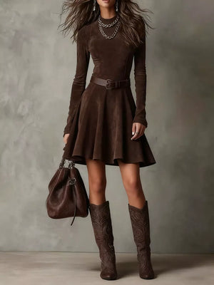 A-line dress in chocolate brown featuring belted and A-line fit