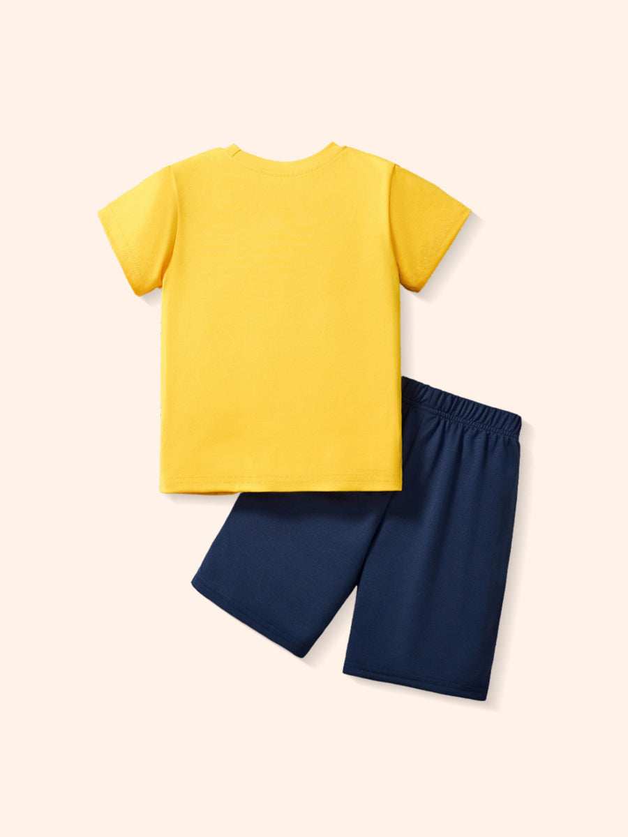 Toddler yellow graphic tee and navy elastic waist shorts set