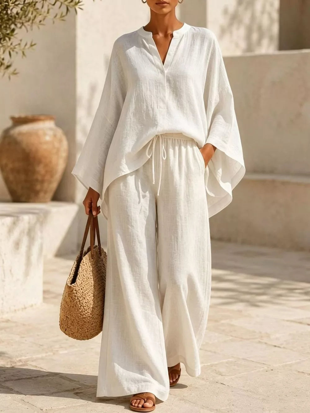 Tan Notched Long Sleeve Top And Wide-leg Pants Set