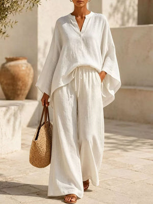 Tan Notched Long Sleeve Top And Wide-leg Pants Set
