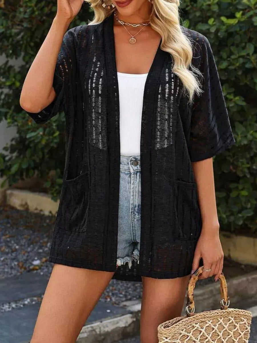 Openwork Open Front Cardigan in Light Blue